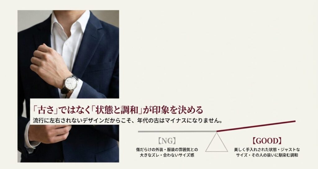 画像タイトル: 古いカルティエ時計は状態と調和で印象が決まる
代替テキスト: 古いカルティエ時計でも傷やサイズ感、服装との調和によって印象が変わり、手入れされた状態なら上品に見えることを示したスライド