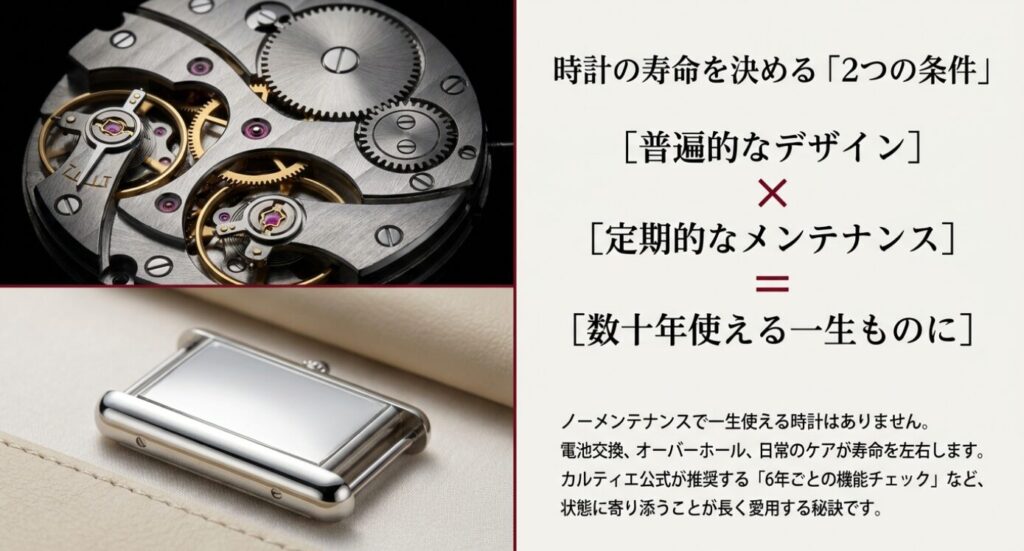 画像タイトル: カルティエ時計の寿命を決める2つの条件
代替テキスト: カルティエ時計を数十年使うには普遍的なデザインと定期的なメンテナンスが重要であることを説明したスライド