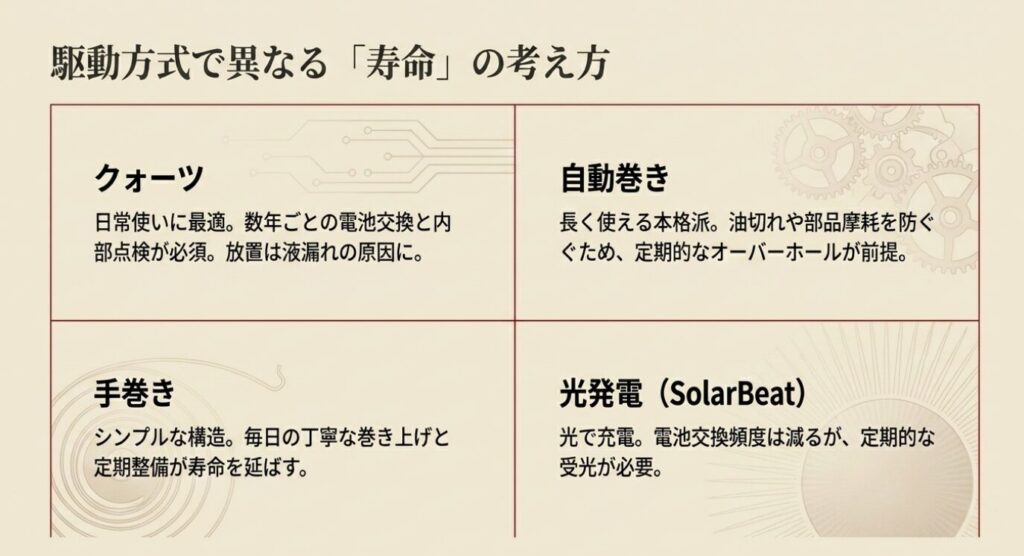 画像タイトル: 駆動方式で異なる時計寿命の考え方
代替テキスト: クォーツ、自動巻き、手巻き、光発電式で異なる時計寿命とメンテナンスの考え方を比較したスライド