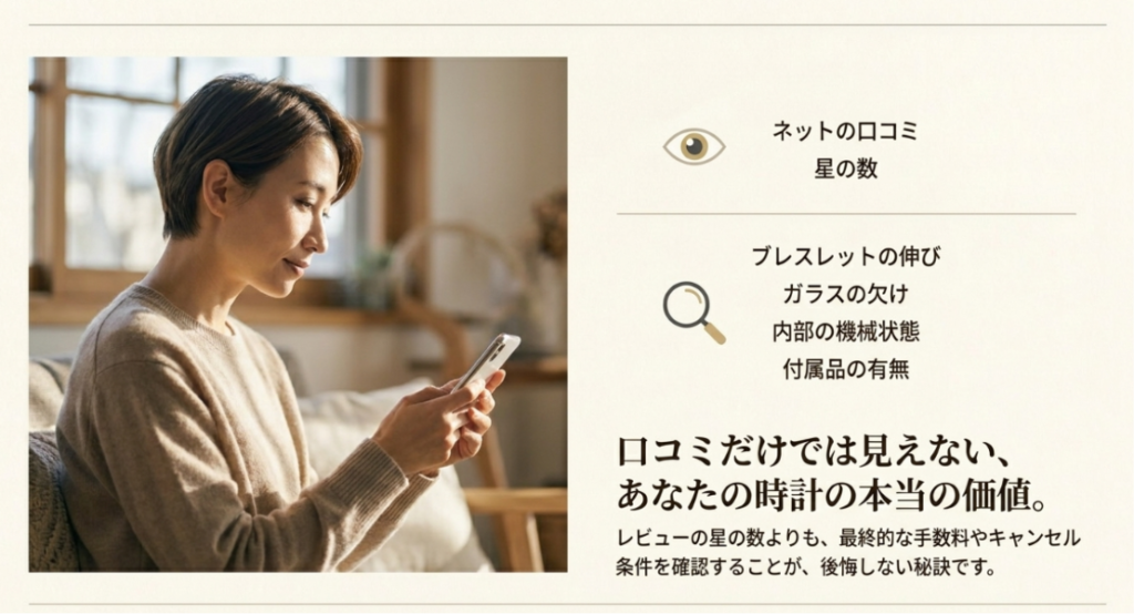 画像タイトル: 腕時計買取は口コミだけで判断しない
代替テキスト: 腕時計買取では口コミの星の数だけでなく状態や手数料やキャンセル条件を確認する必要があることを示す画像