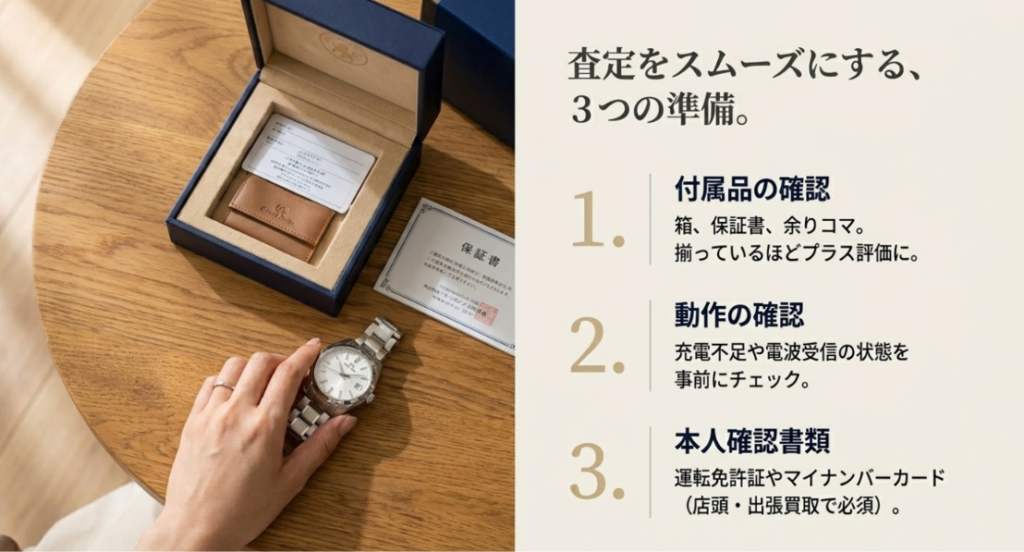 画像タイトル: 腕時計査定をスムーズにする3つの準備
代替テキスト: 腕時計査定前に付属品や動作状態や本人確認書類を確認する準備リスト