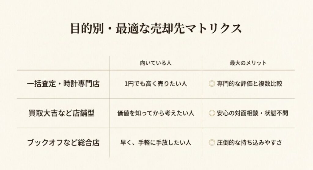 画像タイトル: 目的別に見る腕時計の最適な売却先
代替テキスト: 一括査定や店舗型買取や総合買取店を目的別に比較した腕時計売却先の一覧表
