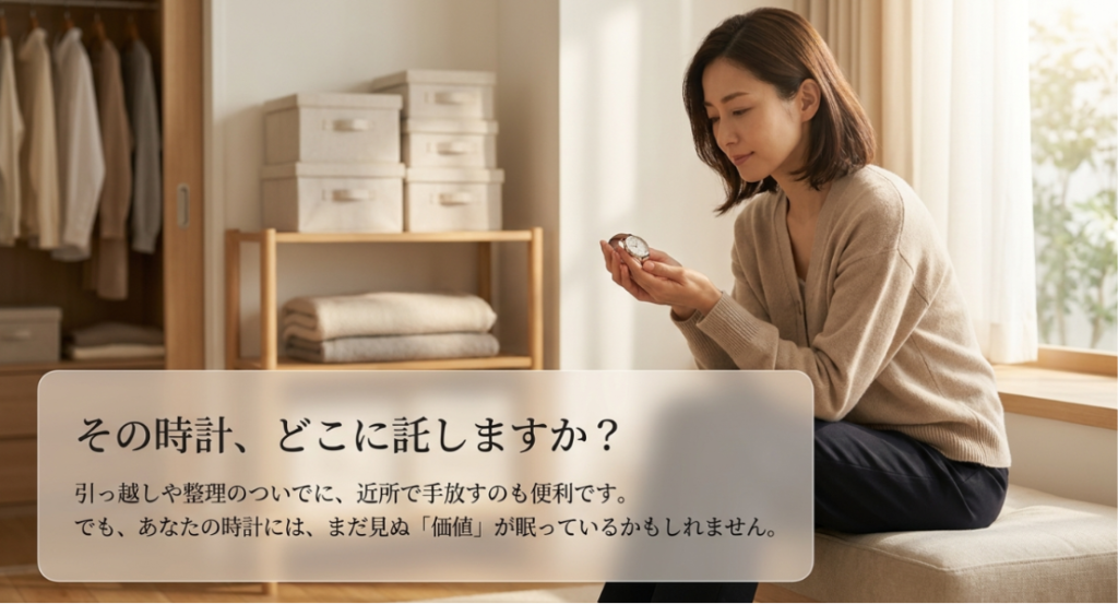 画像タイトル: その腕時計をどこに託すか考える
代替テキスト: 整理や引っ越しのタイミングで腕時計をどこに売るべきか考える女性のイメージ