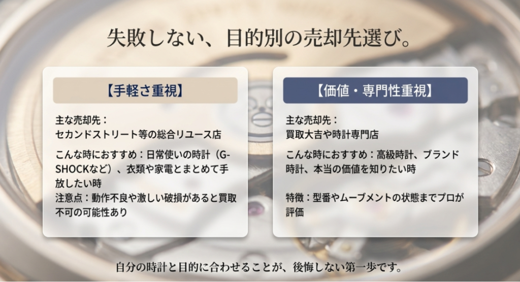 画像タイトル: 目的別に選ぶ腕時計の売却先
代替テキスト: 手軽さ重視と価値や専門性重視で腕時計の売却先を分けて考える比較表