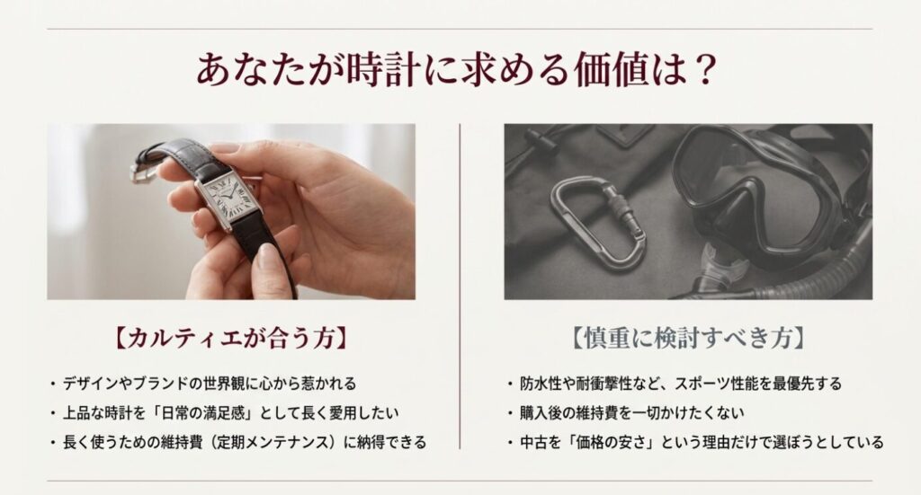画像タイトル: カルティエ時計が合う人と慎重に検討すべき人
代替テキスト: カルティエ時計が合う人と慎重に検討すべき人を、デザインへの共感や維持費への納得、防水性や価格重視の観点から整理したスライド