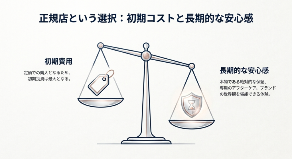 天秤を使って正規店の初期費用と、保証やアフターケアによる長期的な安心感を比較したイメージ図