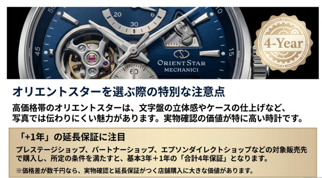 オリエントスターの機械式腕時計と4-Yearマークを背景に、対象販売先では基本3年に1年を加えた4年保証になる条件を解説