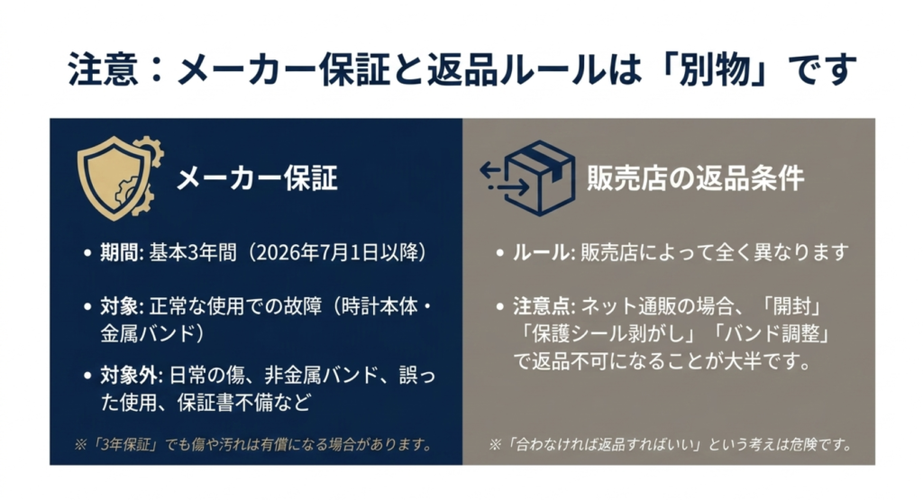 メーカー保証は基本3年間である一方、販売店の返品条件は店舗ごとに異なることを左右に分けて解説した図