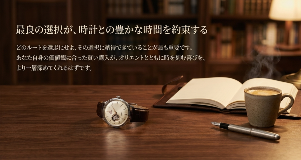 腕時計と本、コーヒーを置いた落ち着いた机の写真とともに、自分の価値観に合う購入先を選ぶ大切さを伝えるまとめ