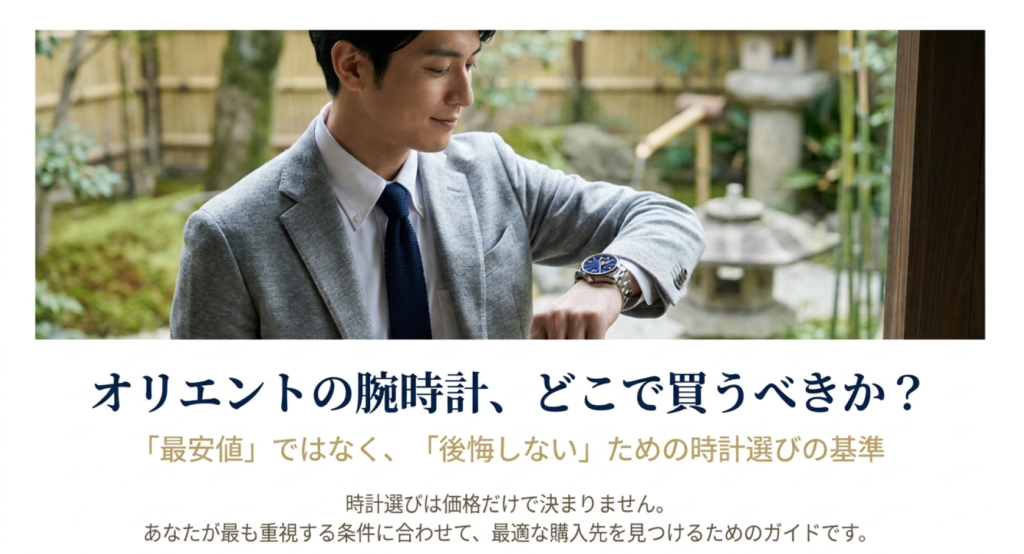 腕時計を見るスーツ姿の男性とともに、最安値ではなく後悔しない購入先を選ぶ基準を紹介する表紙