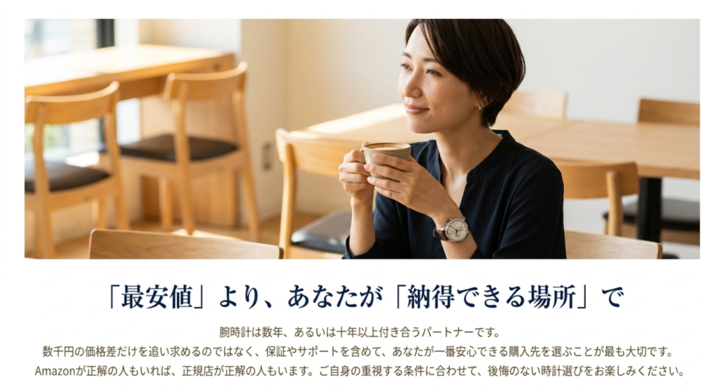 腕時計を着けた女性の写真とともに、価格だけでなく保証やサポートを含めて自分が納得できる購入先を選ぶ大切さを伝えるまとめ