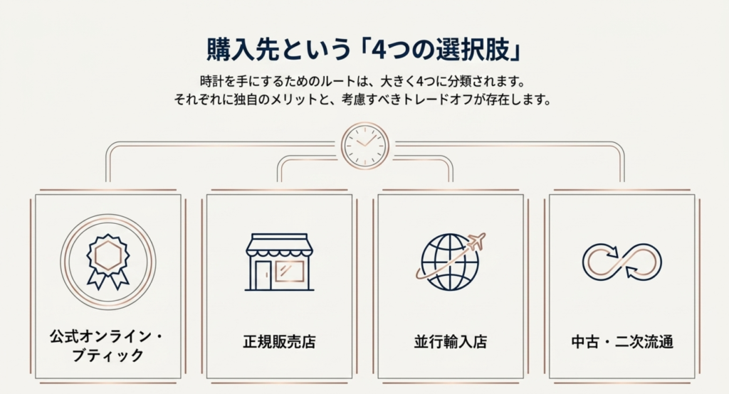 公式オンラインやブティック、正規販売店、並行輸入店、中古・二次流通という腕時計の4つの購入ルートを示した図